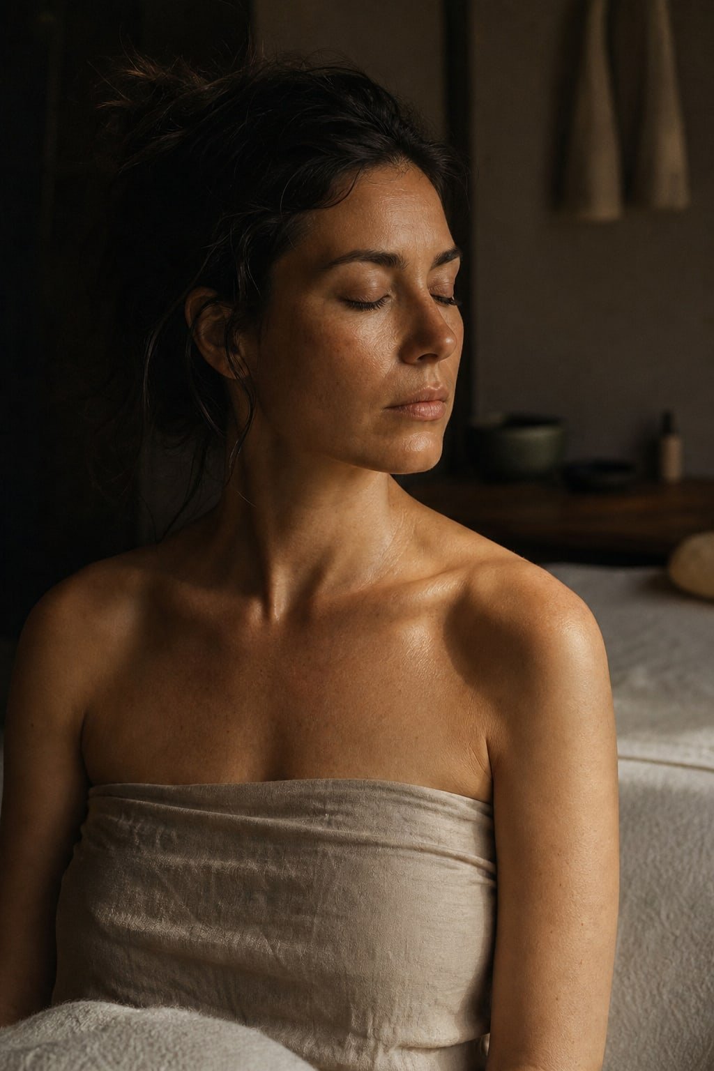 Woman in warm treatment-room light, eyes closed, face turned from the camera