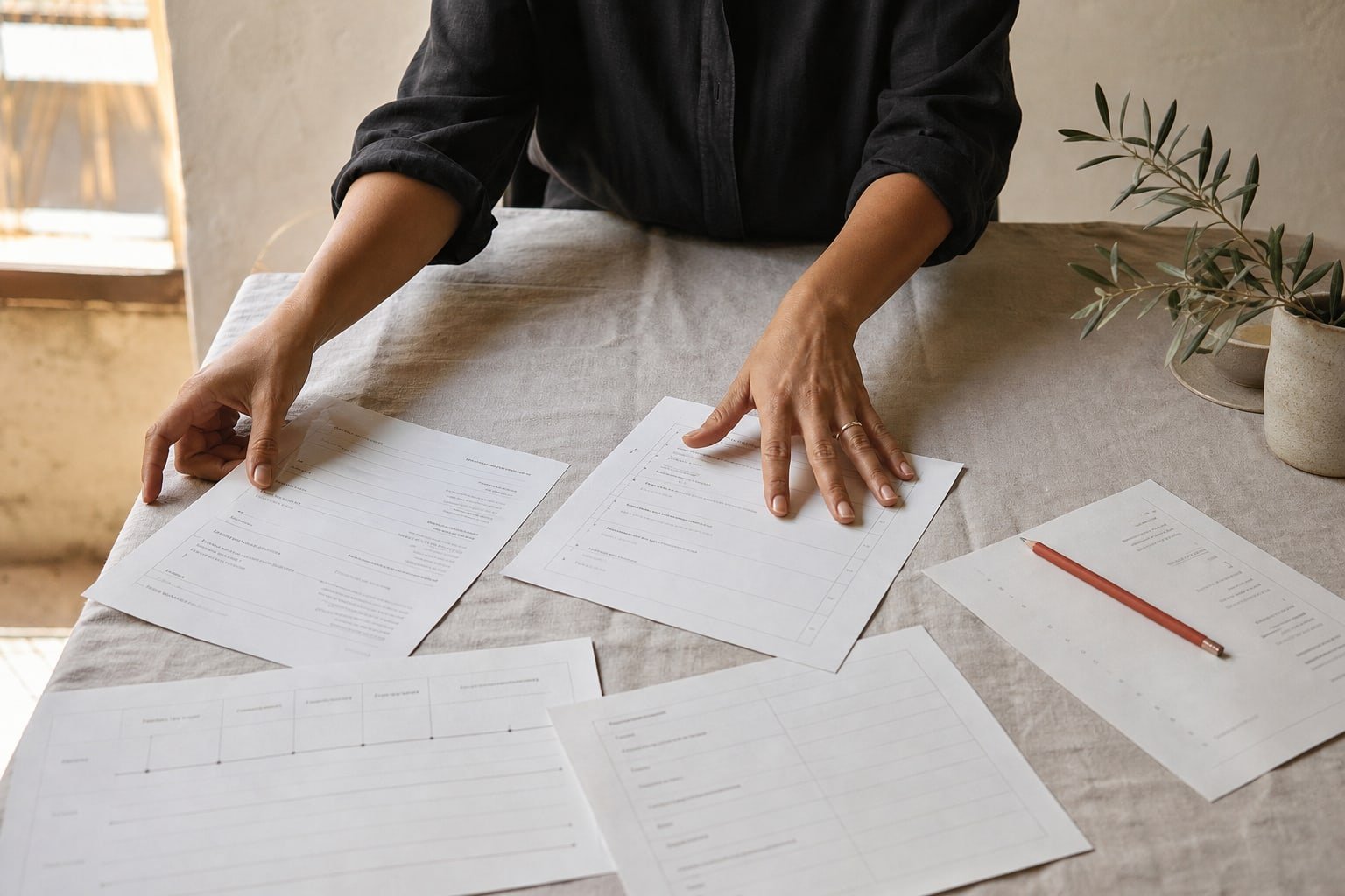 Hands spreading printed treatment-page outlines on a linen table, coral pencil on one sheet