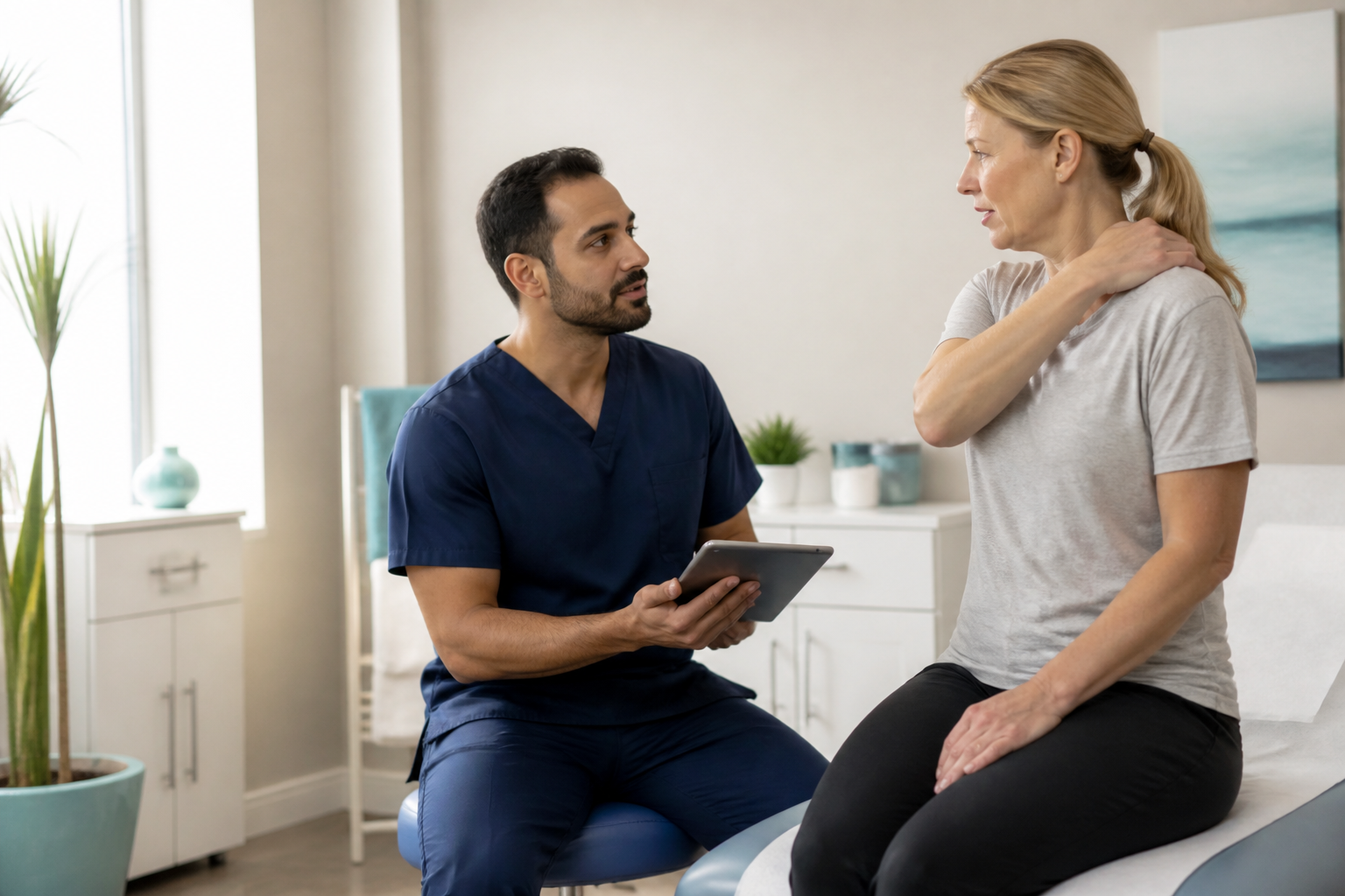 Patient describing shoulder pain during a specialty care consultation with a clinician